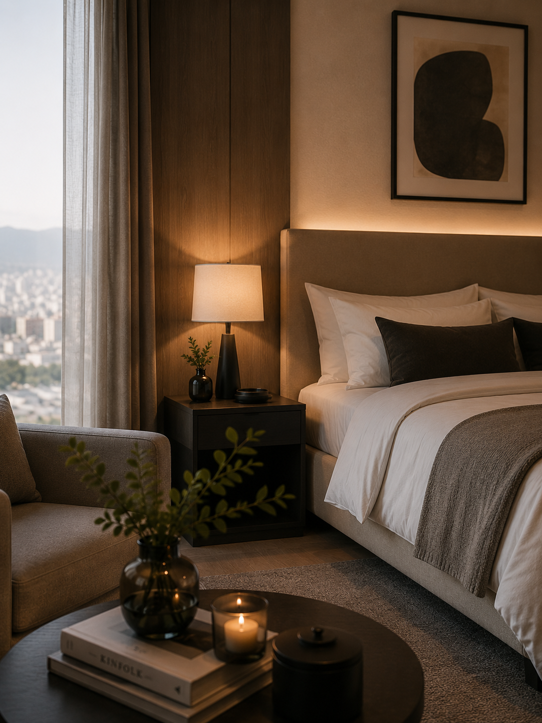 Dormitorio Kasaami con luz cálida y vista a Quito